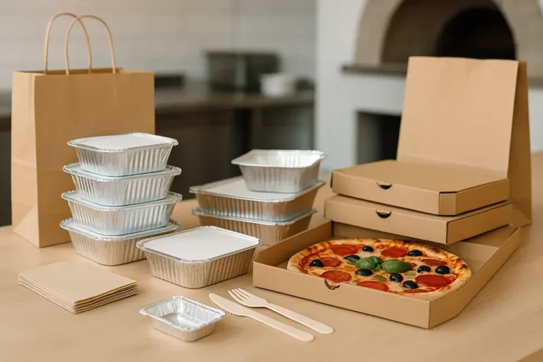 Verpackung mit Pizza, Pappkartons und Behältern für Lebensmittel auf einem Tisch.