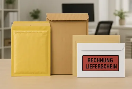 Drei Umschläge in verschiedenen Größen, darunter ein Umschlag mit Aufschrift "RECHNUNG LIEFERSCHEIN".