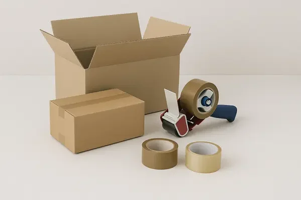Kartonage mit einer offenen Box, einem kleinen Karton und Klebeband.